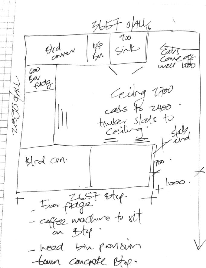 Customer's hand sketch on grid paper for a cafe counter, noting a bar fridge, a coffee machine on the benchtop and a brown concrete top