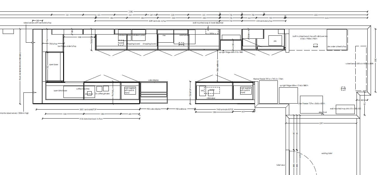 CAD floor plan of the cafe servery showing the coffee machine, two grinders, cake display, cash registers and stainless benches