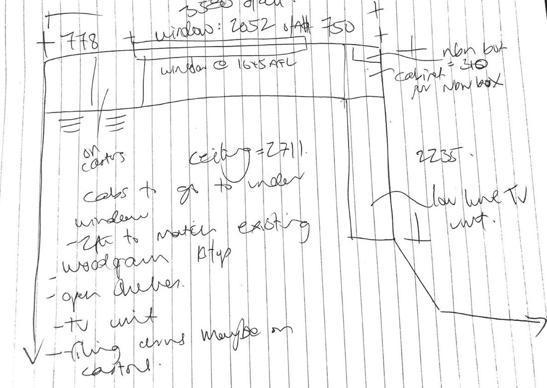 Customer's hand sketch on lined paper showing a low-line TV unit, open shelves and a 2711 ceiling height