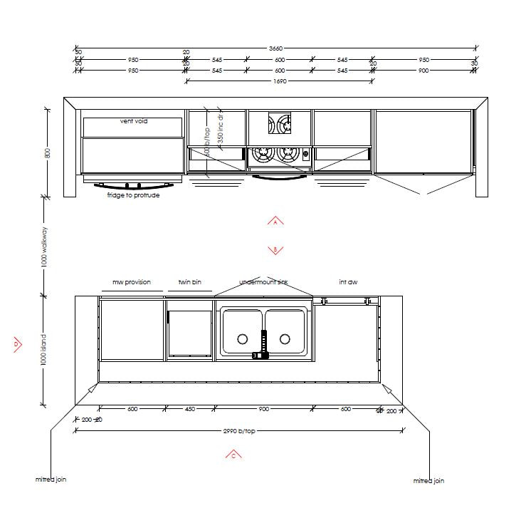 Dimensioned CAD elevation of the Greenstone kitchen island and rear bench, showing microwave provision, twin bin and undermount sink