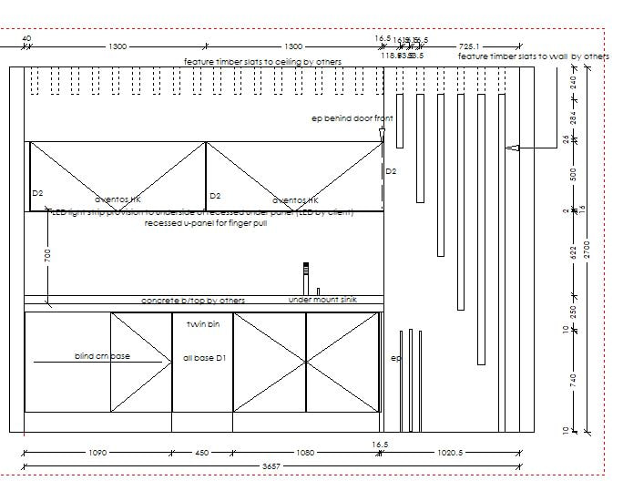 Dimensioned CAD elevation of the cafe counter noting feature timber slats to ceiling and a concrete benchtop, both by others
