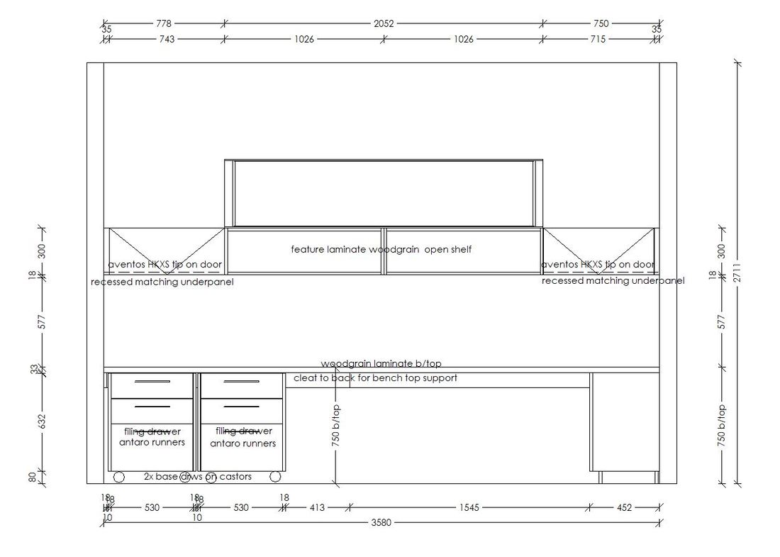 Dimensioned CAD elevation of the study unit with filing drawers, Aventos HKXS lift doors and a feature woodgrain open shelf