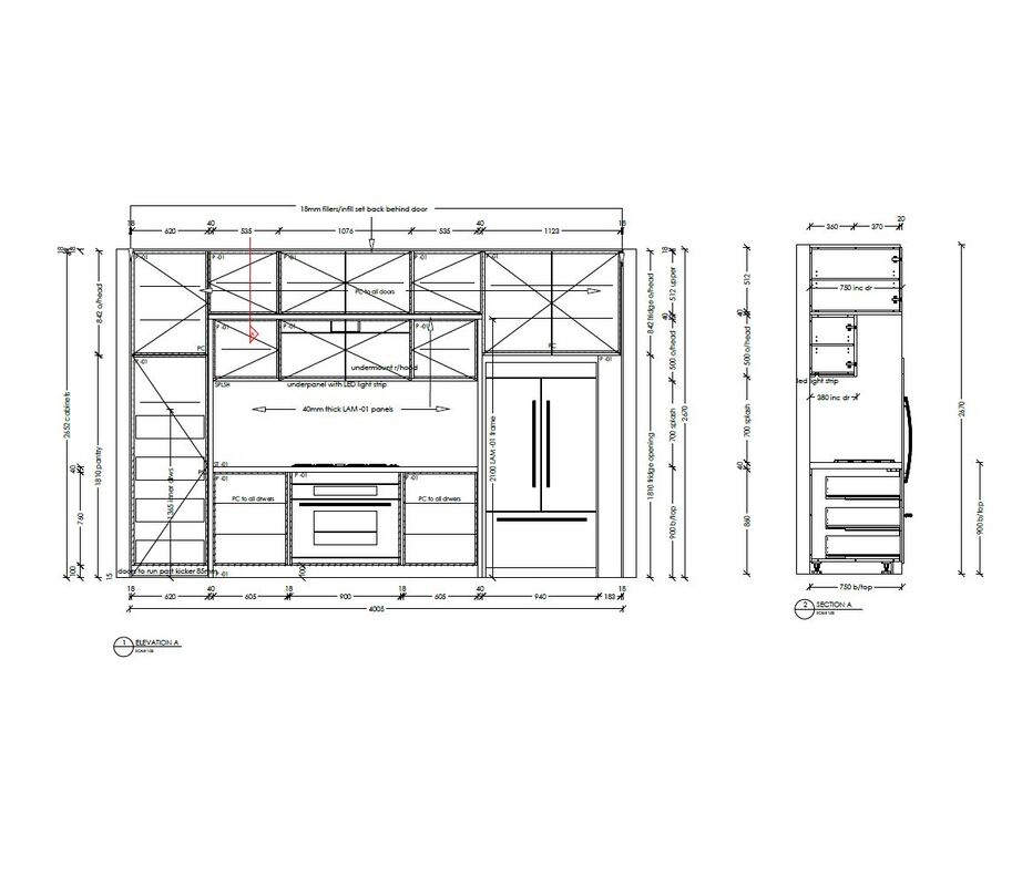 Dimensioned CAD elevation of the Terrace kitchen with wall ovens, an integrated fridge and an LED-lit underpanel
