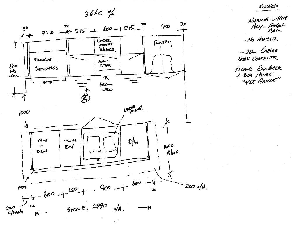 Customer's hand sketch of a kitchen specifying natural white poly with no handles and a vee-groove island bar back