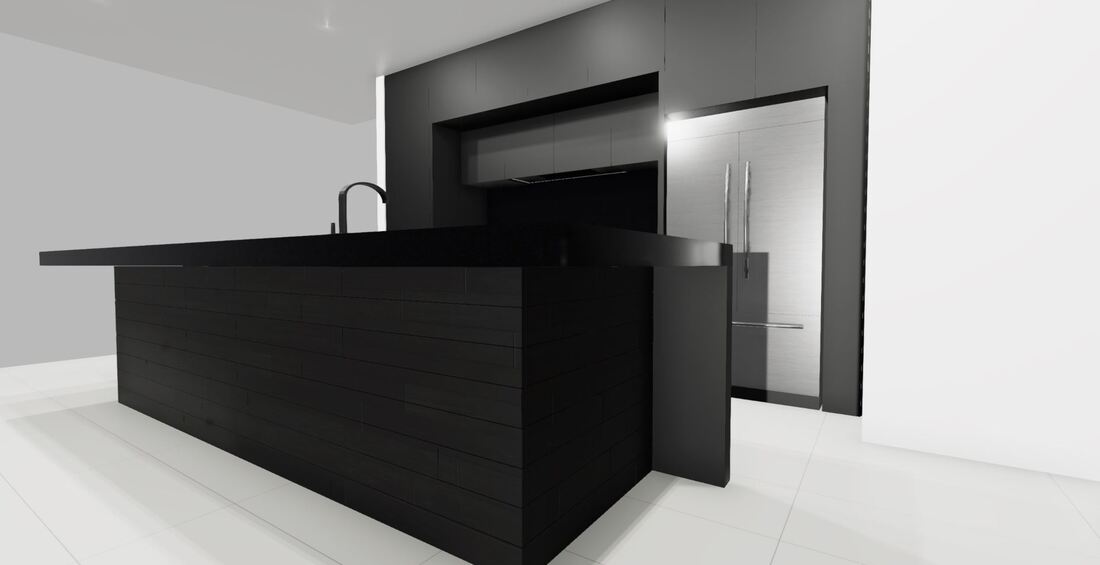 3D render of a black kitchen with a horizontally clad island and a concealed rangehood