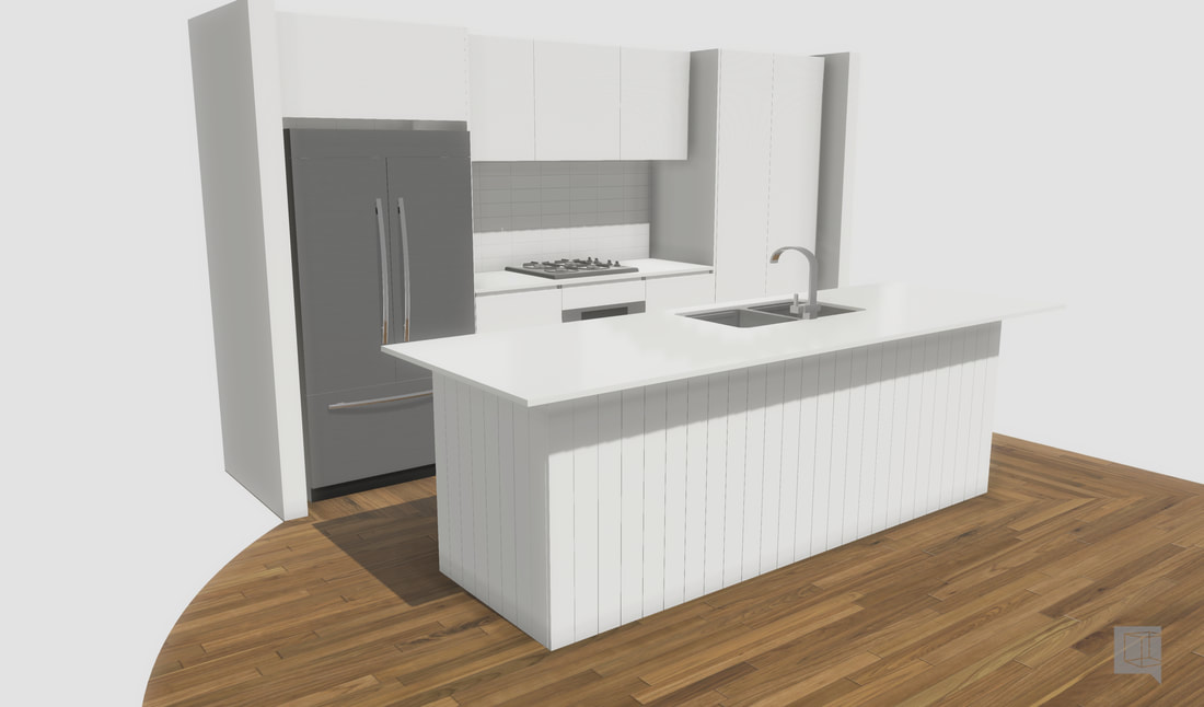 3D render of a white kitchen with a vee-groove panelled island and an integrated fridge