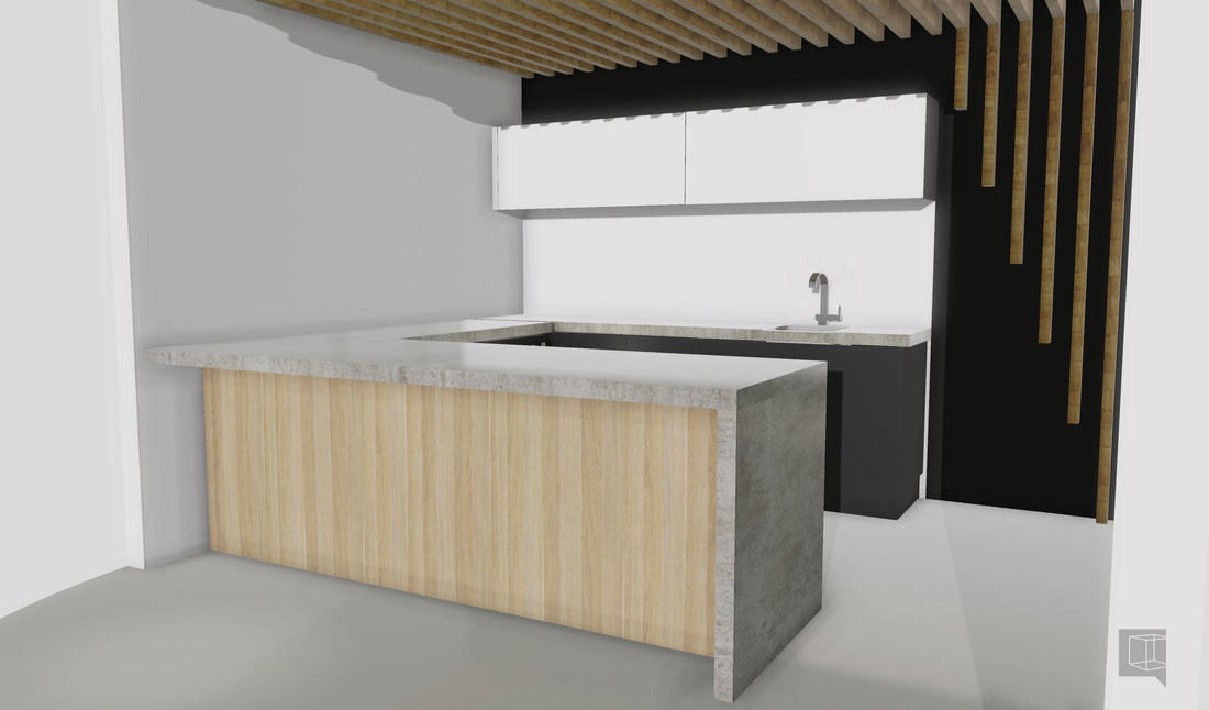 3D render of the cafe counter with timber ceiling battens, vertical timber wall slats and a concrete benchtop