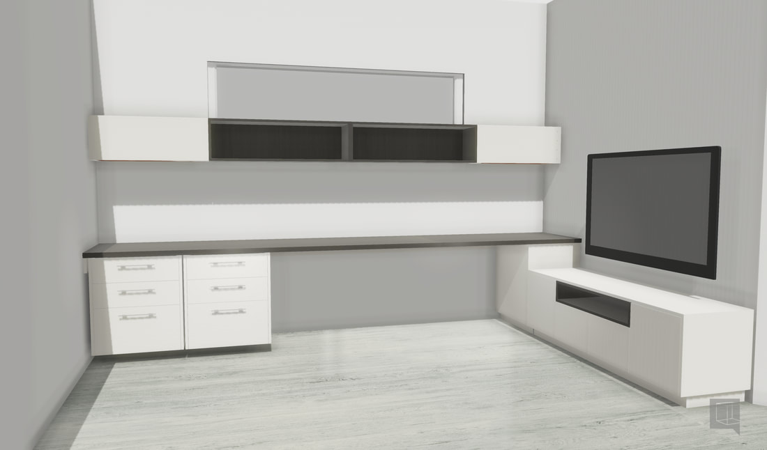 3D render of the finished study unit with white base drawers, a dark benchtop and a dark open shelf above
