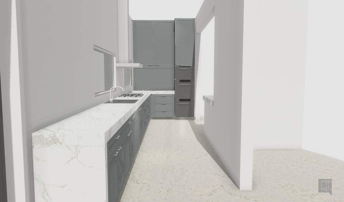 3D render of a grey shaker galley kitchen with a marble benchtop and a tall pantry unit